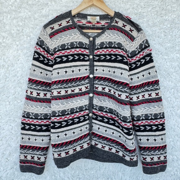 Talbots Sweaters - Talbots Small Hand Knit‎ Wool Fair Isle Cardigan Sweater Gray Red Grannycore VTG